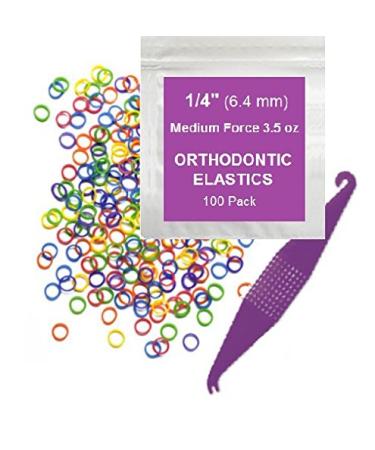 1/4 Inch Orthodontic Elastic Rubber Bands, 100 Pack, Neon, Medium 3.5 Ounce Small Rubberbands Dreadlocks Hair Braids Fix Tooth Gap, Free Elastic Placer for Braces Medium (Pack of 300) 100 Pack - Neon