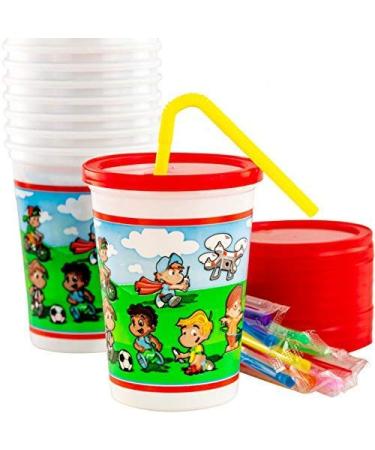 Leakproof 12oz Kids Party Cups With Lid and Straw 25Pk. Super Durable and Dishwasher-Safe With BPA Free Material is Reusable or Take and Toss! Great for Child Birthday Parties  Travel or Bathroom Cup