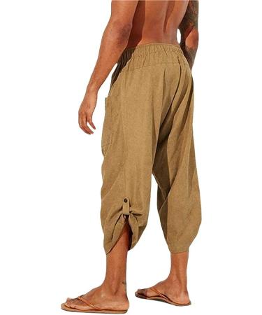 Gafeng Men's Yellow Yoga Capri Pants | Elastic Waist Drawstring | Cotton Linen | Boho Harem 3/4 Pants with Pockets - Large L - Buy Online on GoSupps.com
