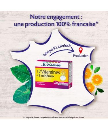 JUVAMINE - 12 Vitamins & 9 Minerals - Fatigue - Stress - Vitamins C B2 B3 B6 B9 and Iron - 30 Day Program - 30 Effervescent Tablets - Tropical Flavor - Made in France - Buy Online on GoSupps.com