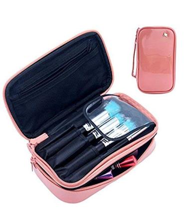 Mlmsy make-up bag Small cosmetic bag for women make-up brush organizer waterproof portable 2 layer make-up bag holder professional PU leather bag with handle for travel (pink) A: pink