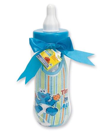 Sesame Beginnings Bottle Bank Gift Set - 8 Piece Baby kit Includes 9 oz Baby Bottle  bib  Bottle Brush  Snack Container with lid  Brush and Comb All in Large Bottle Bank - Cookie Monster Blue