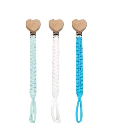 Pack of 3 pacifier chains cotton pacifier strap baby pacifier chains for newborn girls and boys bibs (white + blue + blue)