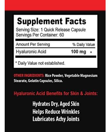 Hyaluronic Acid 100mg Supplement - Promotes Skin Hydration, Joint Health, and Anti-Aging - 120 Capsules - Buy Online on GoSupps.com