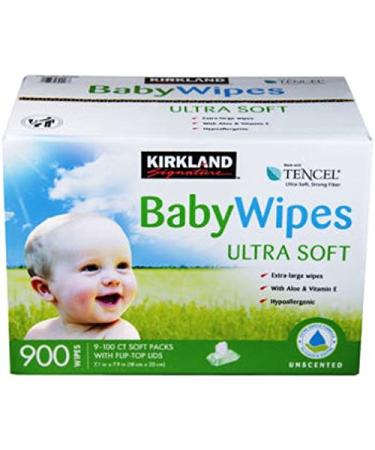 Kirkland Signature Baby Wipes 900Ct. Hypoallergenic, Chorine Free, Aloe & Vitamin-E 100 Count (Pack of 9)