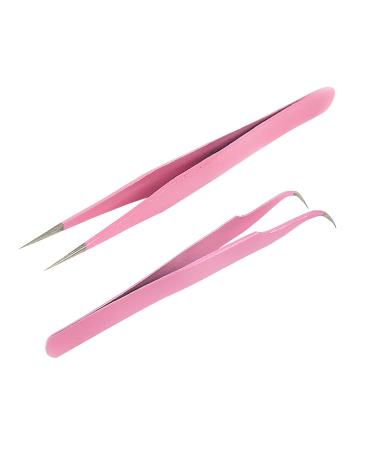 Professional eyelash tweezers set 2 pieces pink stainless steel tweezers for eyelash extension and eyelash refinement curved straight forceps tweezers