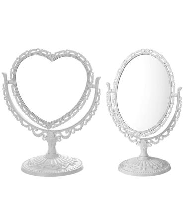 Lurrose 2pcs vintage make-up-mirror rotatable cosmetic mirror dressing mirror double-sided swive oval heart beauty mirror for bedroom bathroom decor beige