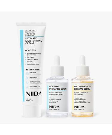 NIDA Youthful Glass Skin Bundle | Moisturizing Cream Hydrating & Renewal Serums | Complete Set for Glass Skin | Hydration Wrinkles Fine Lines Dark Spots Redness