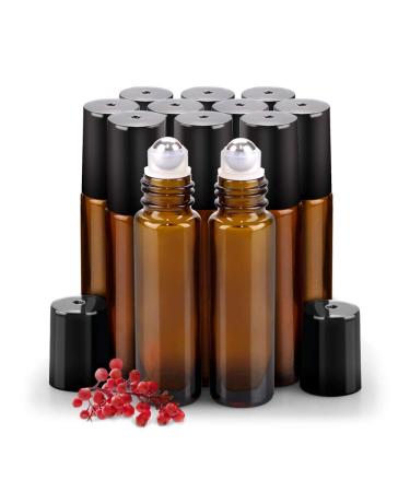 sungwoo 12 Pack Essential Oil Roller Bottles 10ml Amber Glass Roller Bottles with Stainless Steel Roller Balls and Caps for Travel Perfume and Lip Gloss Modern-12 Pack Amber