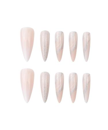 IMSOHOT 24Pcs Almond Press on Nails - Long Glossy Stiletto Glitter Pink Nude False Nails for Women - Buy Online on GoSupps.com