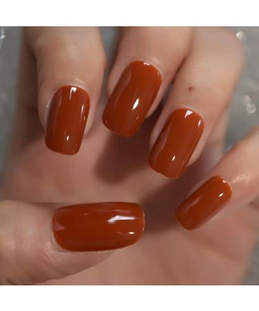 Pumpkin Orange Pure Color Press On Nails - Medium Square Glossy Acrylic Full Cover Art - 24 PCs Kit for Women & Girls - Buy Online on GoSupps.com