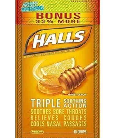 Halls Menthol - Cough Suppressant/Oral Anesthetic, Honey-Lemon, Drops, 40 ct. Pack of 2