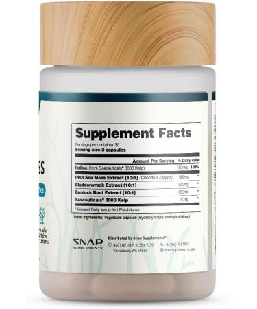 Snap Supplements Irish Sea Moss with Bladderwrack, Burdock Root & Iodine Natural Sea Moss Supplement to Support Gut Health, Energy & Healthy-Looking Skin, 60 Vegan Capsules (1 Month Supply) - Buy Online on GoSupps.com
