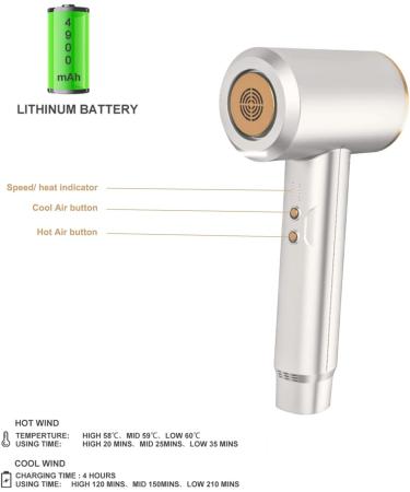 Cordless Hair Dryer 300W Rechargeable Blow Dryer 3 Heating/Speed & Cold Settings Portable Wireless Hairdryer for Travel Outdoor Home Contain 2 Nozzle - Buy Online on GoSupps.com