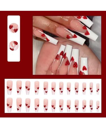 MENILITHS 24Pcs Long Ballet Nails Wine Red Heart Shining False Nails Sticker False Nails Acrylic Fake Nails Full Cover Nails Tips Artificial Finger Manicure for Women and Girls - Buy Online on GoSupps.com
