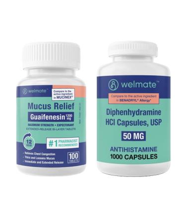 WELMATE Nighttime Relief Combo: Mucus Relief Guaifenesin 1200mg Extended-Release (100 Ct) & Diphenhydramine 50mg Sleep Aid & Allergy Relief (1000 Ct) | 24-Hr Symptom Control for Restful Sleep