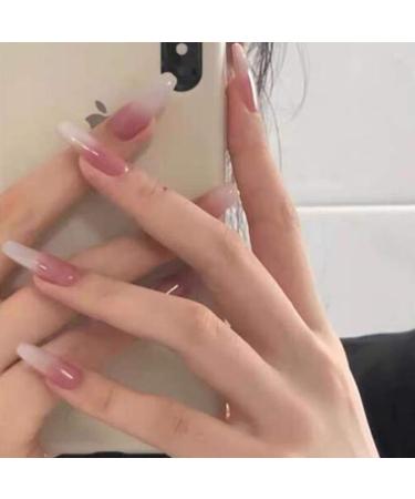 Brishow artificial nails pink white color gradient press on nails ballerina acrylic nails to stick on long wrong nails full cover 24 pieces for women and girls