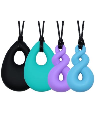 Chew Necklace for Boys and Girls  Silicone Chew Toys for Kids Teardrop Twist Pendants  Chewy Necklace Sensory for Autism or Oral Motor Special Needs BPA Free - 4 PCS Set Black/Turquoise/Purple/Blue
