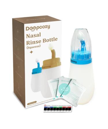 Soft Tip Neti Pot Squeeze Bottle Nasal Wash Bottle Sinus Rinse Pressure Irrigation with Thermometer Sticker for Adult & Kid 300ml with 30 Nasal Wash Saline Packets (Pale Blue)