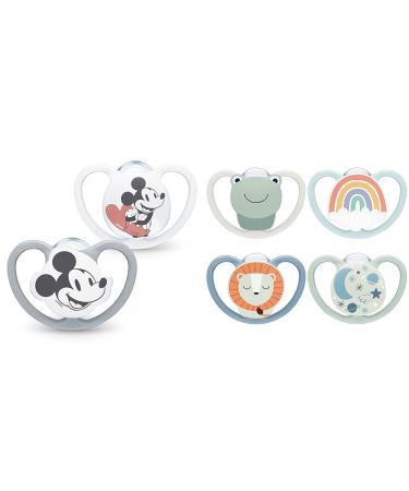 Nuk Space Schnuller |0 6 months |Pacifier with extra ventilation |BPA-free silicone |Disney Mickey Mouse |Gray and white |2 pieces & Space Day & Night Baby Casing |0-6 months