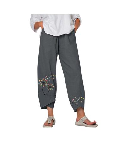 AWPXTKH Womens Cotton Linen Pants Casual Plus Size Elastic High Waist Capri Pants Summer Loose Comfy Wide Leg Crop Pants A-01-7-grey X-Large