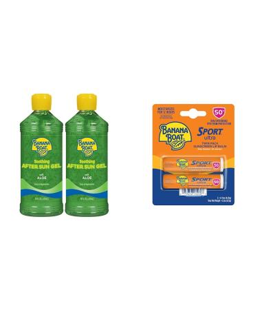 Banana Boat Soothing After Sun Gel with Aloe Twin Pack 16oz each & Sport Ultra SPF 50 Lip Sunscreen Twin Pack Travel Size Sunscreen for Lips 2 Pack