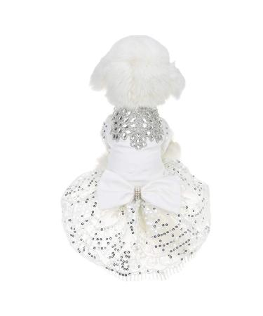 FLAdorepet Sparkling Rhinestone Dog Wedding Party Dress Tutu Skirt Luxury Lace Bow Dress Bride Costume For Small Dog Pet Apparel (S White) S White