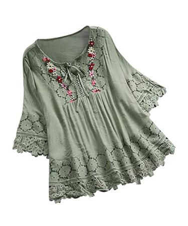 Plus Size Blouse for Women Vintage Lace Patchwork Bow V Neck Embroidery Shirts Three Quarter Solid Tops T-Shirt Green 3X-Large