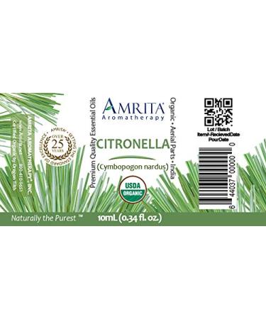 Amrita Aromatherapy Organic Citronella Essential Oil - Pure Undiluted Cymbopogon nardus - USDA Certified Organic Premium Quality Aromatherapy oil Tested & Verified 10ML - Buy Online on GoSupps.com