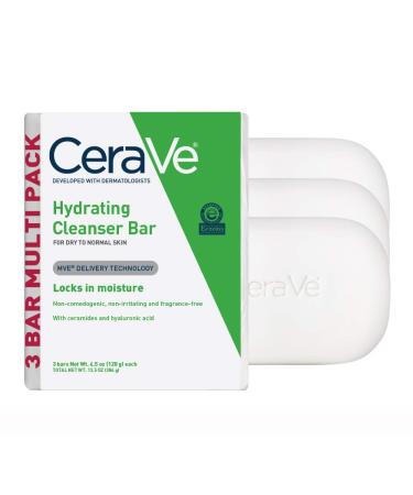 CeraVe Hydrating Cleanser Bar | Soap-Free Body and Facial Cleanser with 5% Cerave Moisturizing Cream | Fragrance-Free | 3-Pack 4.5 Ounce Each 4.5 Ounce (Pack of 3)