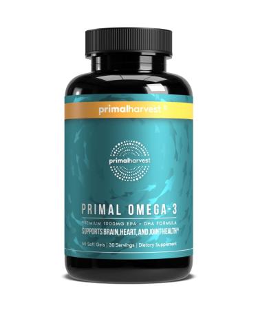 Omega 3 Fish Oil Supplements by Primal Harvest, 60 Soft Gels w/ 1000mg EPA + DHA Supplements (No Fishy Burps) - Supports Brain, Skin, Eye, Joint & Heart Health - Non-GMO Omega 3 Fatty Acid Supplements 60 Count (Pack of 1)