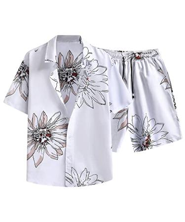 MALAIDOG Tropical Hawaiian Suits for Men Summer Beach Regular Fit Button Down Shirt Drawstring Stretchy Waist Pockets Shorts Type-f Small