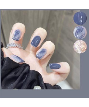French Tip Press on Nails - Short Press On Nails with Nail Tips Blue gray French fake nails press on nails Acrylic False Nails Cute Artificial Nails