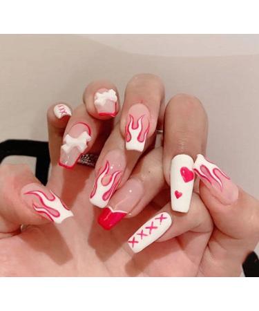 Vatocu coffin flame artificial nails French fingernails pink ballerina for pressing acrylic full cover for sticking on for women and girls (24 pieces)