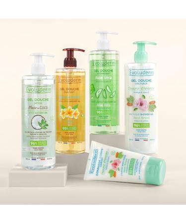 Evoluderm EVOLUDERM - 4 shower gels 500 ml + free scrub - Monoi shower gel - almond - aloe vera - coconut rain - natural ingredients - Made in France