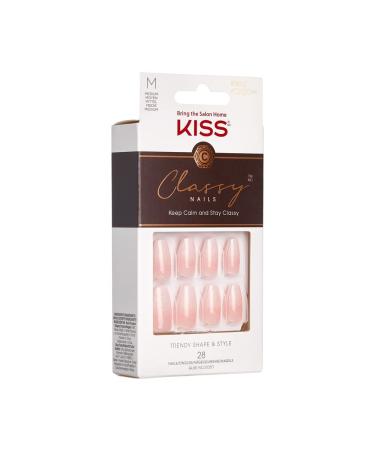 KISS Classy French Nail Manicure Kit - Gel Finish, Medium Coffin Shape, with Pink Nail Glue, File, Stick & 28 Fake Nails - Buy Online on GoSupps.com