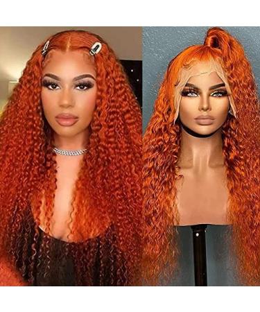 Brennas Ginger Orange Deep Wavy Lace Front Wig - 14 Inch Curly Brazilian Virgin Human Hair T-Part Transparent Glueless Wig - Buy Online on GoSupps.com