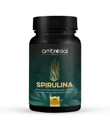 Ambrosial Spirulina Capsules | Highly Dosed- 500 mg | Certified Spirulina Tablets| No Additives & 100% Vegan | Rich Source of Protein Vitamins & Minerals (Pack of 1-60 Capsules) 60 Count (Pack of 1)