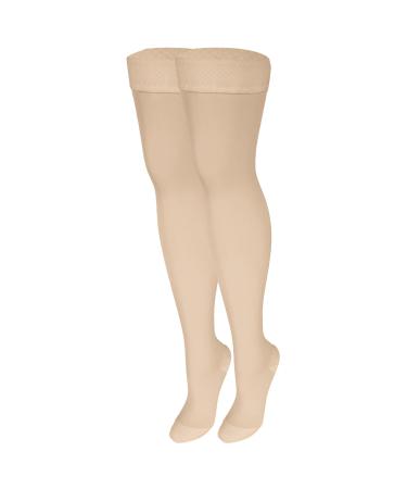 NuVein 20-30 mmHg Compression Stockings for Men and Women, Thigh High Length, Dot-Top, Closed Toe, Light Beige, Medium Light Beige Medium (1 Pair)