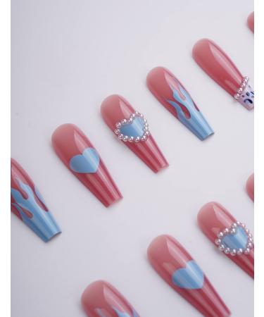 Xerling Blue Heart French Coffin Nails with Charms - Long Press On Ballerina Fake Nails for Women & Girls | Stylish Stick-On False Nails (Pattern C - Buy Online on GoSupps.com