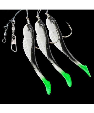 DEGA - 3-piece rubber fish leader with reflective foil made of 3 rubber fish THREE colors line 0.80mm hook size 7/0 white green white-green