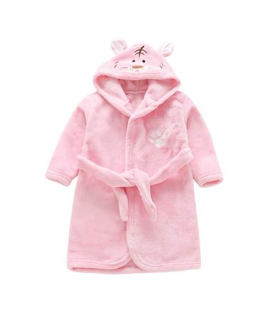 Miyanuby baby boy girls bathrobe soft flannel long arm animal hoodie morning mantle nightwear homewear for children baby boy girls gift 4-5 years tiger pink