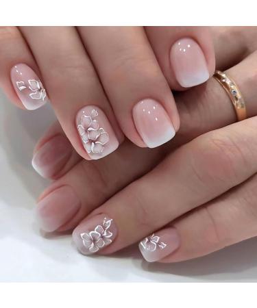 SINLOV Short French Flower Fake Nails Pink Nude Square GradientbFalse Nails Glossy Press on Nails Ballerina Acrylic Full Cover Fake Nails for Women and Girls