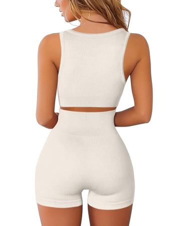 QINSEN Seamless Ribbed Workout Set for Women - Sport Bra & High Waist Shorts - Medium Beige - Buy Online on GoSupps.com