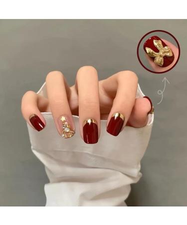 24Pcs/Set Press On Nails Short Wine Red Gold Border False Nails Acrylic Fake Nails Full Cover Nails Tips Artificial Finger Manicure Press on nails for Women and Girls - Buy Online on GoSupps.com