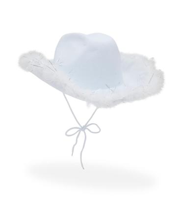 Zodaca White Cowboy Hat for Men and Women with Feathers, Western Felt Fluffy Cowgirl Hat for Halloween Costume, Dress Up Birthday, Bachelorette, and Bachelor Party Accessories