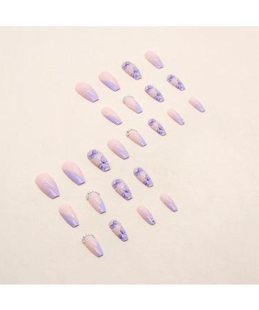 Medium Length Square Coffin Nude Fake Nails with Purple Butterfly 3D Rhinestones - 24Pcs - Buy Online on GoSupps.com