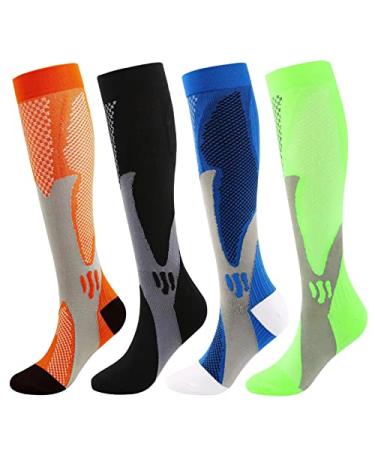 Kickticks 4 Pairs Compression Socks for Woman & Man Unisex 20-30mmHg Knee high Plus Size Wide Calves for Running Flying X-Large-XX-Large Blue Orange Green Black