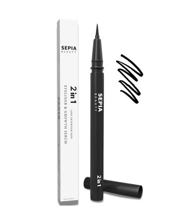 Sepia Beauty 2-in-1 Liquid Eyeliner With Eyelash Growth Serum Safe for Eyelash Extensions  Lash Lifts  and Natural Lashes - Water Based with Peptides  No Parabens  No Sulfates (Black)