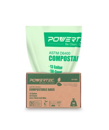 POWERTEC ASTM D6400 Certified Compostable Bags  50 Count | 49.2 Liter - 13 Gallon Trash Bags, 0.85 Mil, US BPI and European OK Compost Home Certification - Sustainable Green Products 50 Count (Pack of 1)